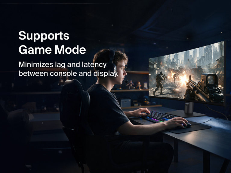 Person gaming on a widescreen monitor connected with the Connect DisplayPort 1.4 Cable, illustrating Game Mode support that minimizes lag and latency between console and display