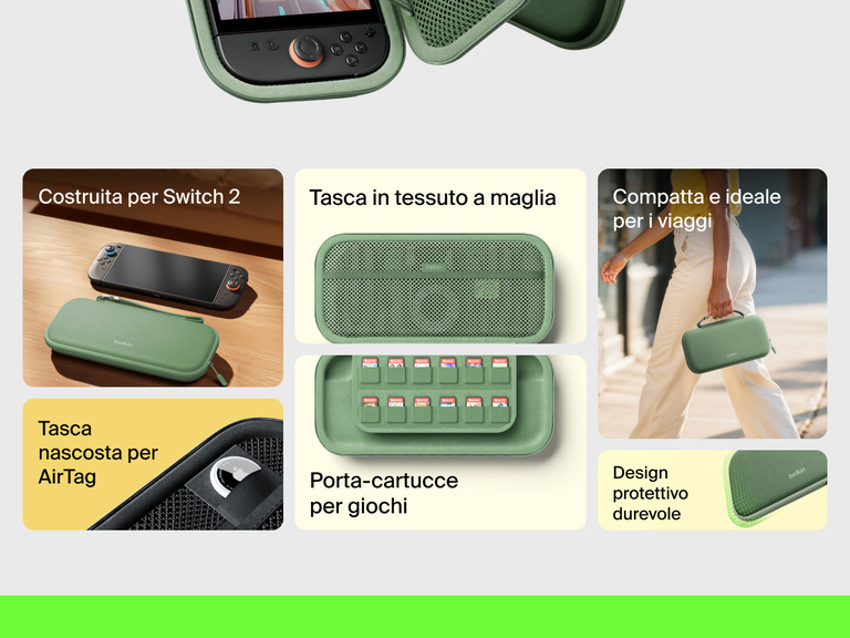 Illustrazione di un supporto di ricarica magnetica compatto 3 in 1 BoostCharge Belkin che ricarica un iPhone, un Apple Watch e gli AirPods tramite la tecnologia di ricarica wireless rapida Qi2.