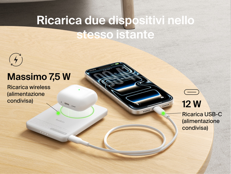 Belkin BoostCharge Slim Magnetic Power Bank 5K with Qi2 charging two devices simultaneously using magnetic wireless charging and USB-C wired output for shared power.