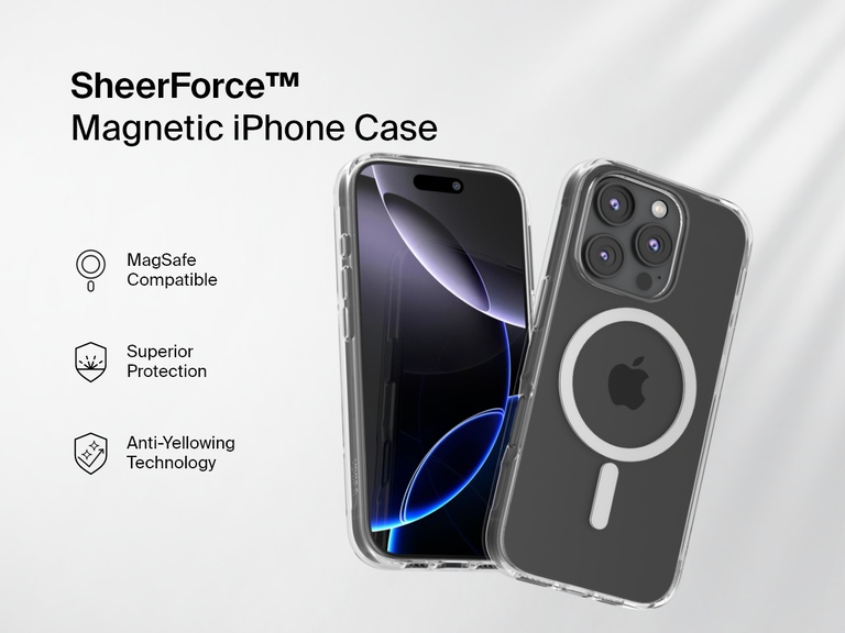 MagSafe対応の透明なデザインが特徴の、SheerForce™マグネット式iPhoneケースのプロモーション画像。このケースは、iPhoneの洗練された外観を維持しながら、黄ばみ防止テクノロジーと優れた保護機能を提供します。この画像では、MagSafeの互換性、耐久性、長期間持続する透明度などの主要な機能がアイコンで強調されています。