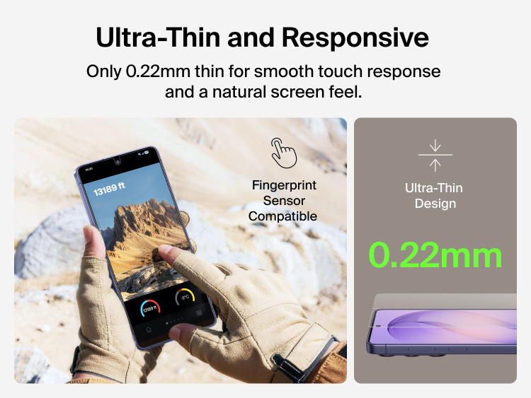 Belkin ScreenForce Titan EcoGuard Anti-Reflective Screen Protector for Samsung Galaxy S26 featuring an ultra-thin 0.22 mm design that delivers smooth touch response while remaining fully compatible with the fingerprint sensor.