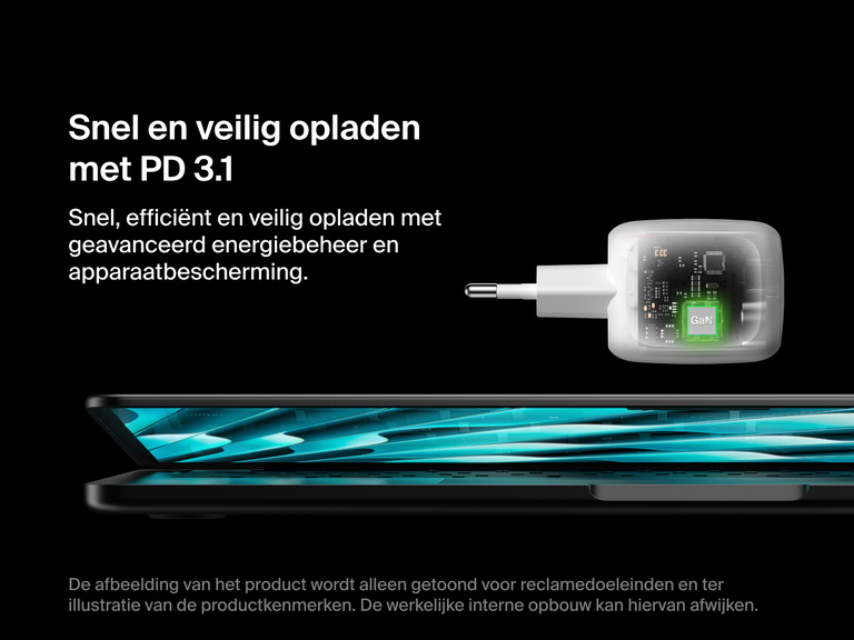De Belkin BoostCharge Pro 2-poorts USB-C GaN-wandlader van 50 W met PD 3.1-technologie laadt apparaten snel, efficiënt en veilig op dankzij geavanceerd energiebeheer en apparaatbescherming.
