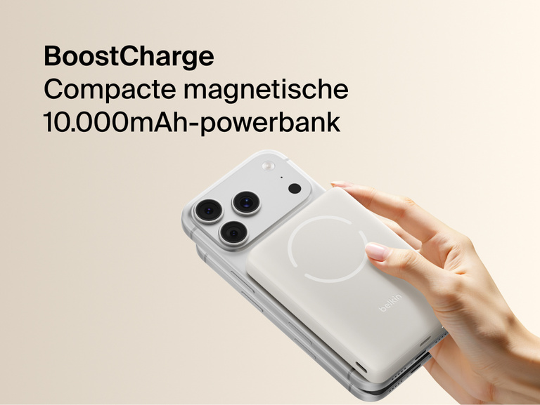 Slim Magnetic Power Bank 10K with Qi2 magnetically attached to smartphone held in hand demonstrating wireless charging alignment