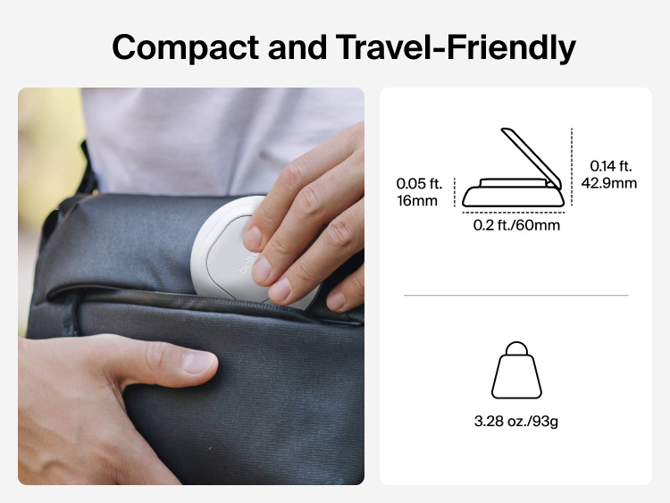 Belkin UltraCharge Magnetic Charger with Qi2 25W shown as a compact, travel-friendly accessory easily fitting into a bag with illustrated dimensions and lightweight design.