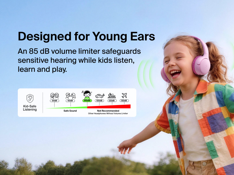 SoundForm Mini 2 Wireless On-Ear Headphones for Kids worn by a smiling child outdoors, with a diagram showing the 85 dB Kid-Safe Listening volume limit compared to louder levels not recommended for children