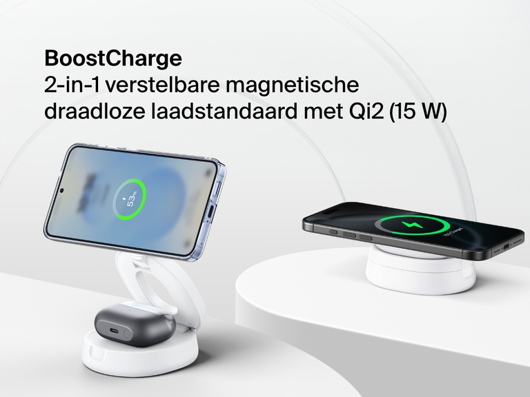Belkin BoostCharge 2-in-1 Convertible Magnetic Charging Stand with Qi2 15W shown charging a smartphone and wireless earbuds in both upright and flat configurations.