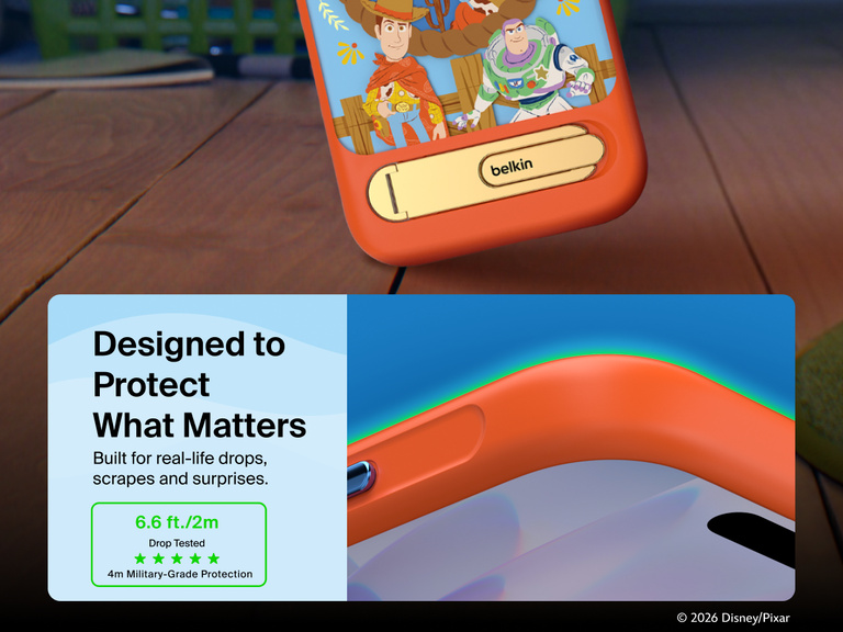 Belkin SheerForce Toy Story 5 Magnetic Protective Case with Kickstand for iPhone showcasing 6.6-foot drop protection, clear back design, and integrated stand.