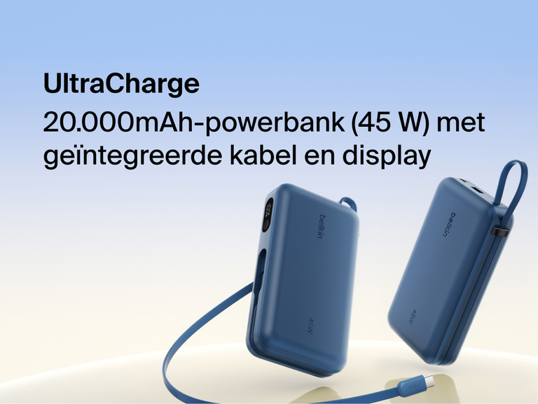 Belkin UltraCharge 20K 45W power bank with integrated USB-C cable and digital display showing portable high-capacity fast charging solution