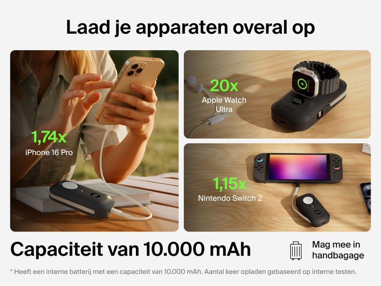 Belkin BoostCharge Pro 10.000mAh-powerbank met Apple Watch-lader, die voldoet aan de luchtvaartveiligheidsnormen, waarmee je onderweg een iPhone 16 Pro, Apple Watch Ultra en Nintendo Switch 2 kunt opladen.