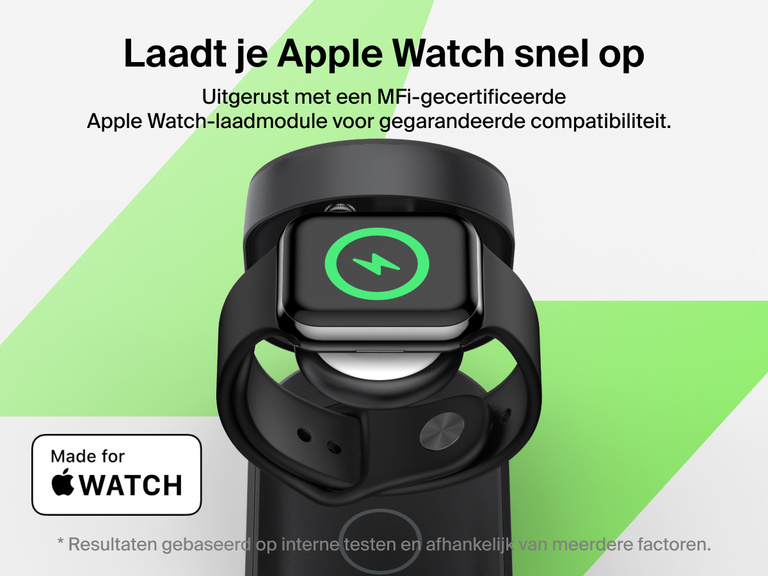 De Belkin UltraCharge 3-in-1 uitklapbare magnetische lader met Qi2 25W laadt de Apple Watch Series 10 tot 80% op in 30 minuten met behulp van een MFi-gecertificeerde laadmodule.