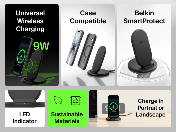 Belkin BoostCharge Wireless Charging Stand 15W shown with key features including universal wireless charging, case compatibility, SmartProtect technology, LED indicator, sustainable materials, and 15W fast charging.