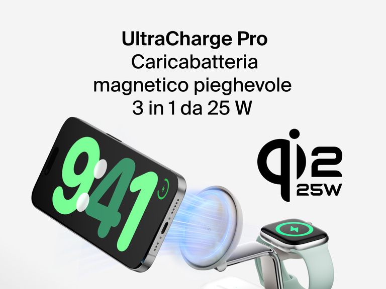 Il dock di ricarica magnetica 3 in 1 con Qi2 da 25 W Belkin UltraCharge Pro permette di ricaricare in modalità wireless iPhone, Apple Watch ed AirPods in modo rapido e nello stesso istante.