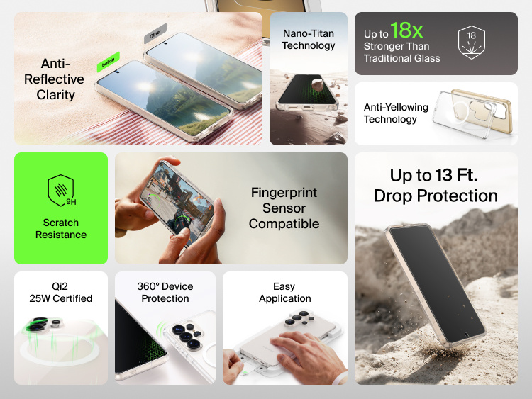 Belkin SheerForce Titan Protective Bundle for Samsung Galaxy S26 highlighting 9H scratch resistance, Nano-Titan technology, up to 13-foot drop protection, anti-reflective clarity, Qi2 25W compatibility, and full 360-degree device protection.