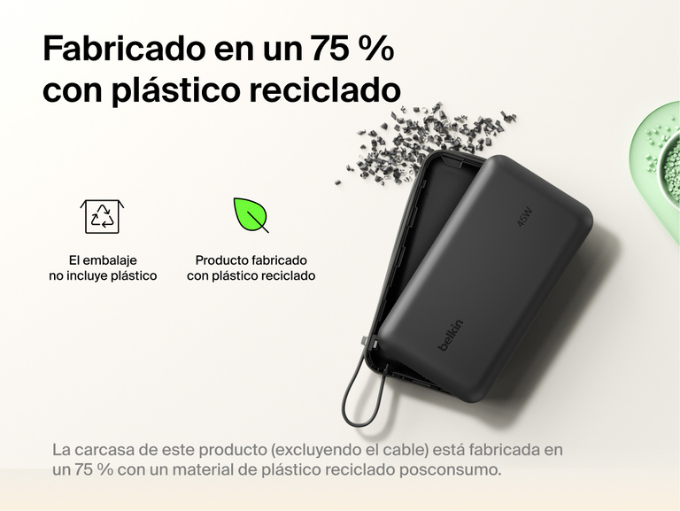 Belkin UltraCharge 20K 45W power bank with integrated cable made with recycled materials and plastic-free packaging for a more sustainable charging solution