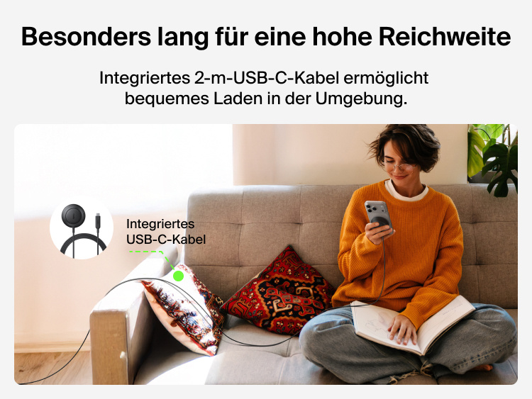 Das Belkin UltraCharge magnetische Ladeger&auml;t mit Qi2 25W wird mit einem 2&nbsp;m langen USB-C-Kabel gezeigt, das genug Spielraum zum bequemen Laden &uuml;berall im Raum bietet.