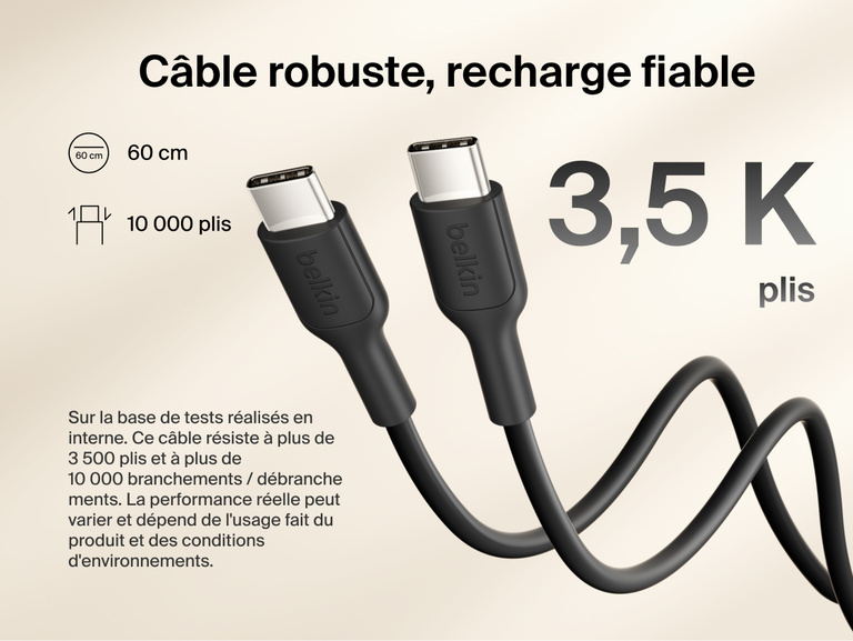Belkin BoostCharge Slim Magnetic Power Bank 10K USB-C to USB-C cable showing durable design rated for 3500 bends and 10000 plug-ins for reliable charging