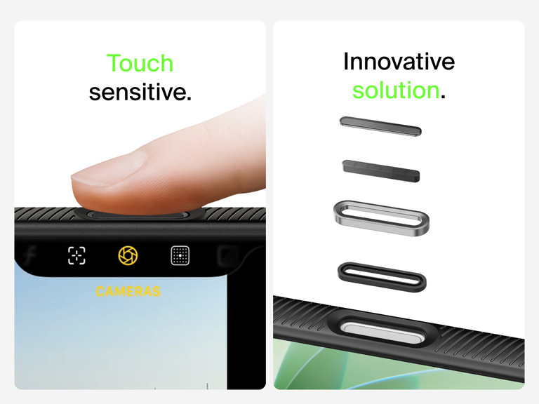 Belkin SheerForce Grip Series Case for iPhone 17 with MagSafe ring, raised edges, and floating tinted buttons for precision protection.