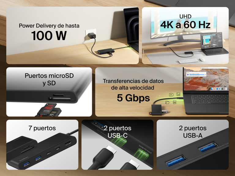 Belkin Connect 7-Port USB-C Hub with Dual USB-C Ports featuring 100W power delivery, 4K HDMI, SD and microSD slots, 5Gbps transfer speed, and multiple USB-C and USB-A ports.