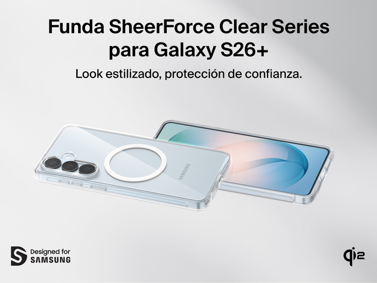 Belkin SheerForce Clear Series Case for Samsung Galaxy S26 shown on phone, featuring a slim, protective clear design with raised edges, precise cutouts, and Qi2 wireless charging compatibility.
