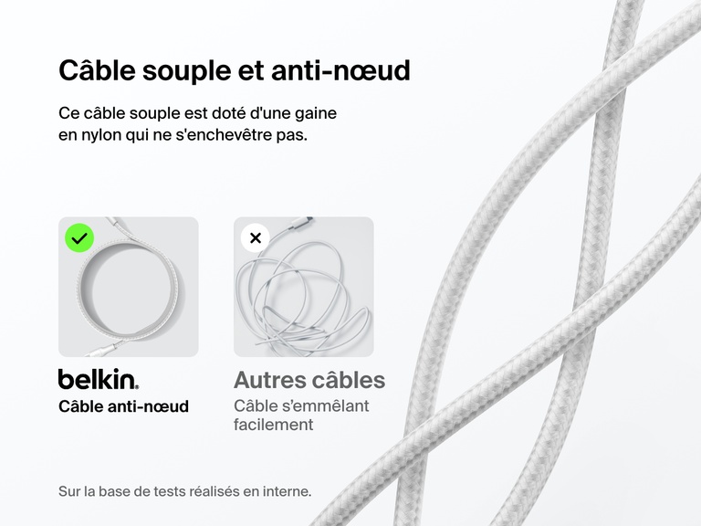Belkin BoostCharge Pro USB-C to USB-C Braided Cable 240W shown with soft, flexible nylon design that resists tangling compared to standard cables.