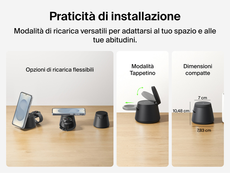 Immagine del dock di ricarica modulare con Qi2 25W Belkin UltraCharge che mostra le pratiche opzioni di ricarica wireless, incluse le modalit&agrave; Supporto e Tappetino, il tutto in un design salvaspazio compatto, ideale per ricaricare i dispositivi tutti i giorni.