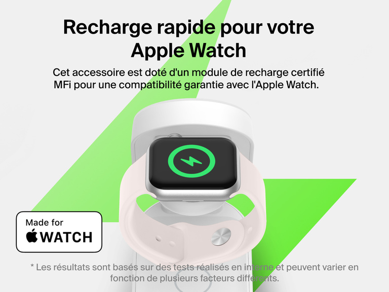 Socle de recharge 3-en-1 aimanté et pliable Belkin UltraCharge avec Qi2 (25 W) offrant une recharge rapide pour Apple Watch Series 10 de zéro à 80 % en 30 minutes grâce à la compatibilité certifiée MFI.