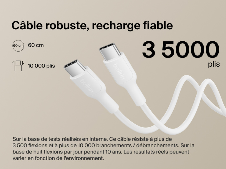Belkin BoostCharge Slim Magnetic Power Bank 5K shown with durable USB-C to USB-C cable designed for 3,500+ bends and reliable long-lasting charging performance.