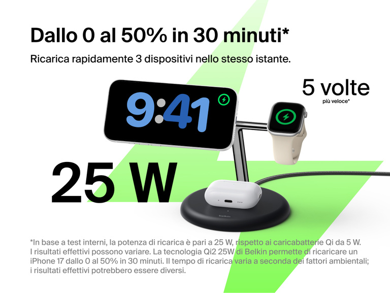 Belkin UltraCharge 3-in-1 Wireless Charging Stand with Qi2 25W charging iPhone, Apple Watch, and AirPods simultaneously on a compact vertical dock