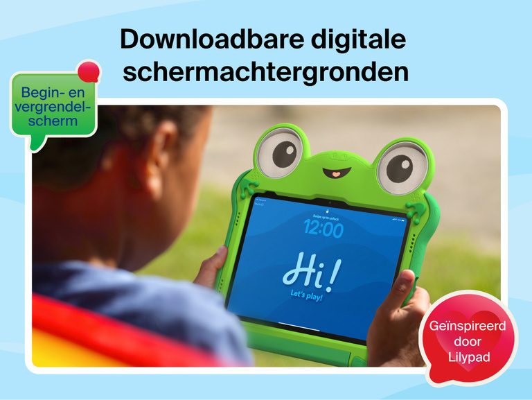 Disney Toy Story 5 Lilypad Case for iPad 10th and 11th Gen shown in use by a child holding tablet displaying &ldquo;Hi! Let&rsquo;s play!&rdquo; with callouts for downloadable digital wallpapers and home and lock screens