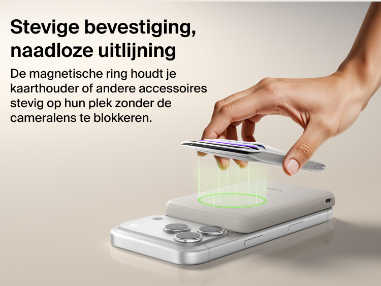 Belkin BoostCharge Slim Magnetic Power Bank 5K with Qi2 featuring a secure magnetic ring that aligns accessories and attaches firmly without obstructing the phone camera.