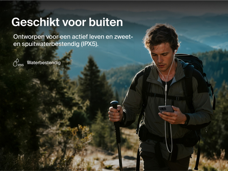 Belkin SoundForm ANC Wired Earbuds with USB-C® feature IPX5 water resistance and a secure fit for outdoor activities and active lifestyles.