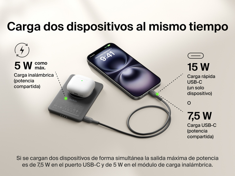 Belkin BoostCharge Slim Magnetic Power Bank 5K shown charging a smartphone and wireless earbuds simultaneously, demonstrating dual charging with 7.5W USB-C and 5W wireless shared power output.