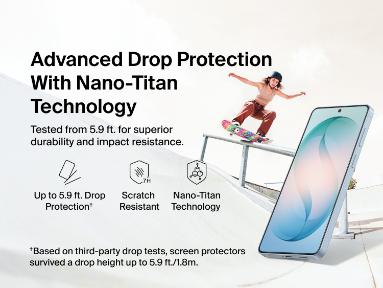 Belkin ScreenForce Titan EcoGuard Anti-Reflective Screen Protector for Samsung Galaxy S26 highlighting nano-titan technology, 7H scratch resistance, and up to 5.9 ft drop protection for enhanced durability.