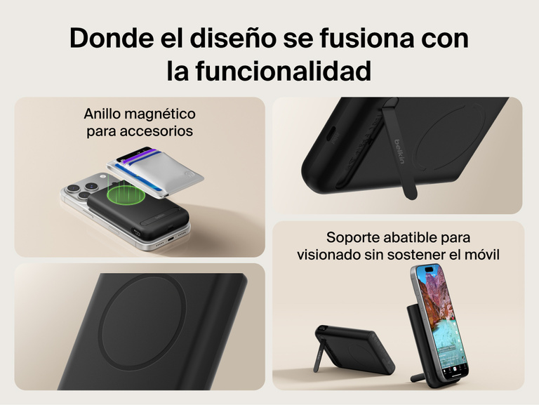 Belkin UltraCharge Pro Power Bank 10K with magnetic ring shown attached to a smartphone for portable wireless charging, featuring an integrated kickstand phone grip and slim, lightweight design for on-the-go use.