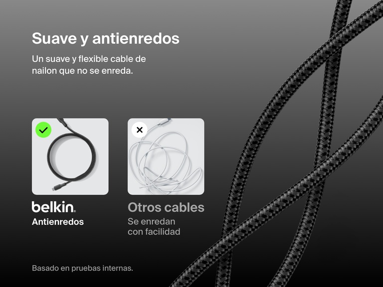 Belkin BoostCharge USB-C to Micro-USB Braided Cable 15W displayed with soft, flexible nylon construction that resists tangling, shown alongside a comparison to typical easily tangled cables.