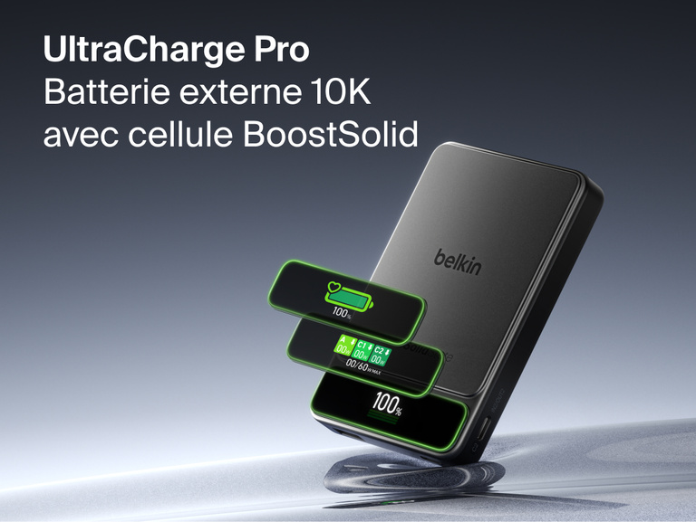 Image de la batterie externe Belkin&nbsp;UltraCharge&nbsp;Pro 10K avec BoostSolid&nbsp;Cell dot&eacute;e d'un &eacute;cran intelligent qui affiche l&rsquo;&eacute;tat de la batterie, la puissance en temps r&eacute;el et les informations de charge.