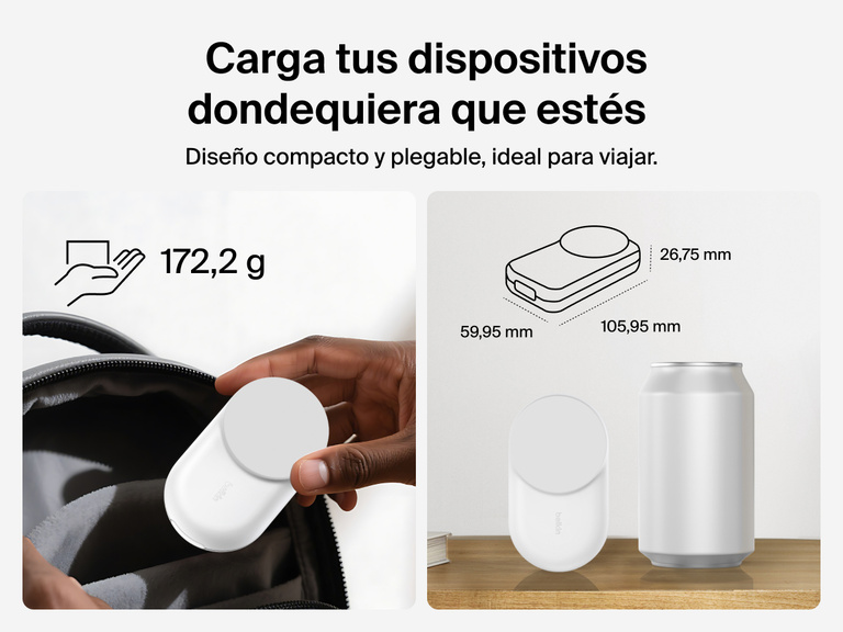 El cargador magnético plegable 3 en 1 con Qi2 25W Belkin UltraCharge posee un diseño compacto y portátil, perfecto para viajar. Pesa tan solo 190 gramos y sus dimensiones lo convierten en una solución muy portátil.