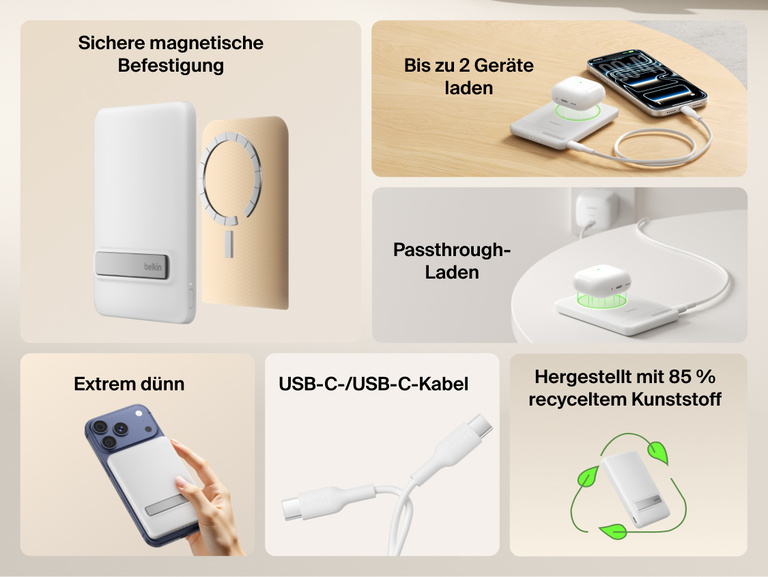 Belkin BoostCharge Slim Magnetic Power Bank 5K with Qi2 shown highlighting secure magnetic attachment, ultra-slim design, dual-device charging, USB-C connectivity, pass-through charging, and sustainability features.