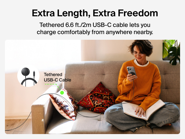 Belkin UltraCharge Magnetic Charger with Qi2 25W shown in use with a long 2m USB-C cable allowing comfortable mobile device charging from across the room.