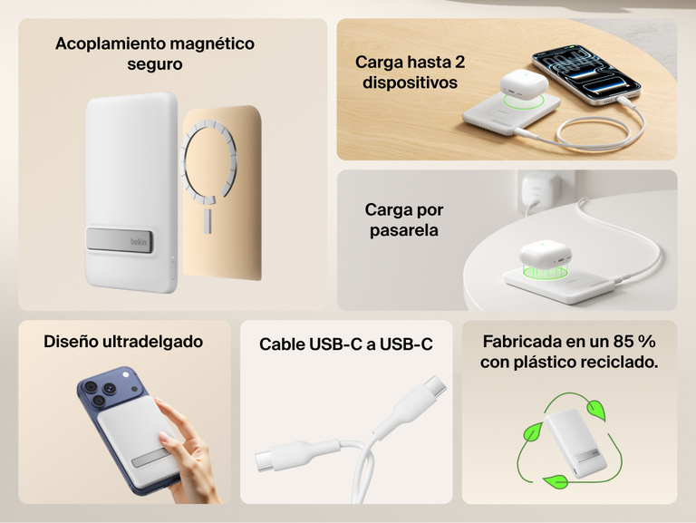 Belkin BoostCharge Slim Magnetic Power Bank 5K with Qi2 shown highlighting secure magnetic attachment, ultra-slim design, dual-device charging, USB-C connectivity, pass-through charging, and sustainability features.