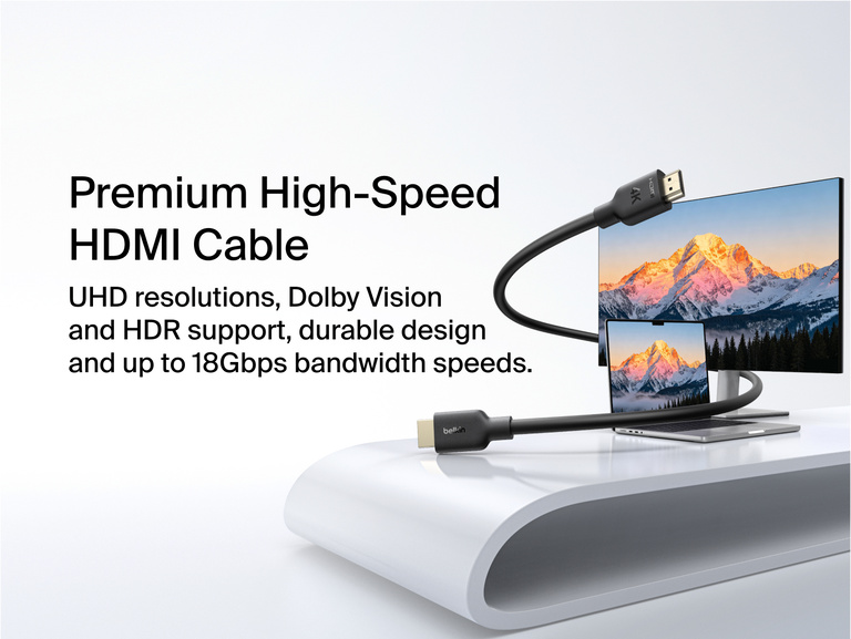 Connect Premium High-Speed HDMI&reg; Cable (4K) shown with the Belkin wordmark and product name, with on-image text highlighting UHD resolutions, Dolby Vision and HDR support, durable design, and up to 18Gbps bandwidth speeds