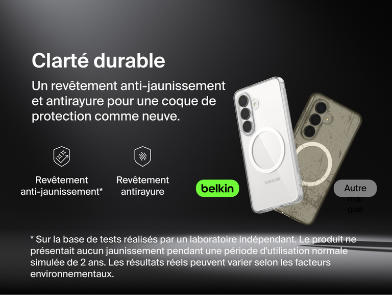 Belkin SheerForce Clear Series Case for Samsung Galaxy S26 shown alongside a comparison case, highlighting long-lasting clarity with anti-yellowing technology and scratch-resistant protection for everyday use.