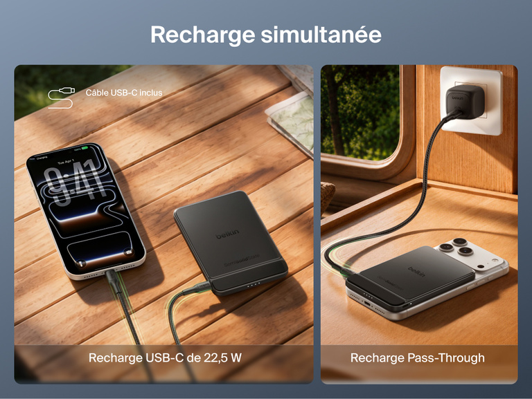 Image de la batterie externe magn&eacute;tique Belkin&nbsp;UltraCharge&nbsp;Pro&nbsp;Slim&nbsp;5K avec BoostSolid&nbsp;Cell d&eacute;montrant une recharge USB-C de 22,5&nbsp;W tout en rechargeant simultan&eacute;ment un smartphone.