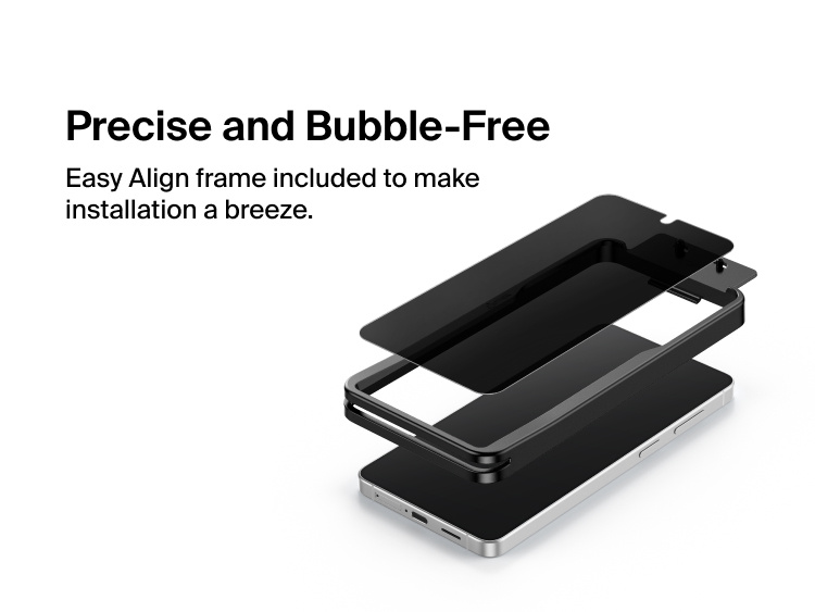 Belkin ScreenForce Titan EcoGuard Privacy Filter Screen Protector for Samsung Galaxy S26 shown with an Easy Align frame for precise, bubble-free installation and secure full-screen coverage.