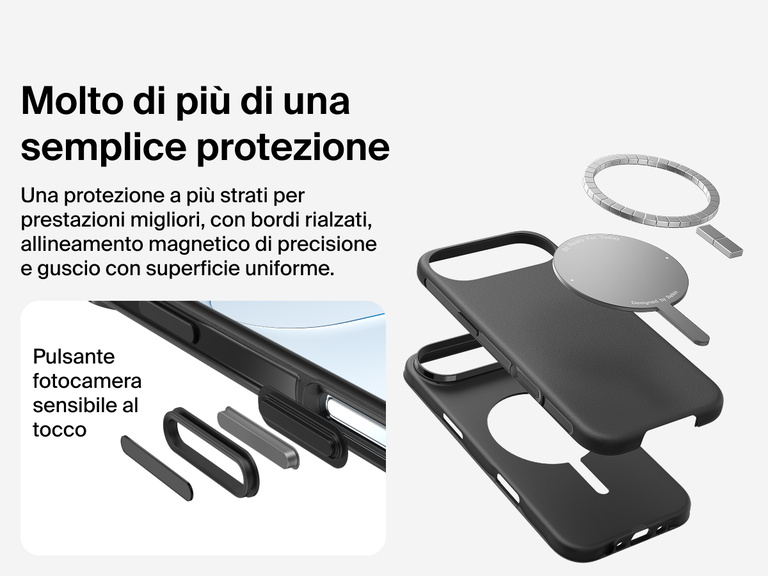 Immagine della custodia Belkin SheerForce Protect Series per iPhone 17 che evidenzia la compatibilit&agrave; con MagSafe e Qi2 per un aggancio magnetico potente a caricabatterie e altri accessori.
