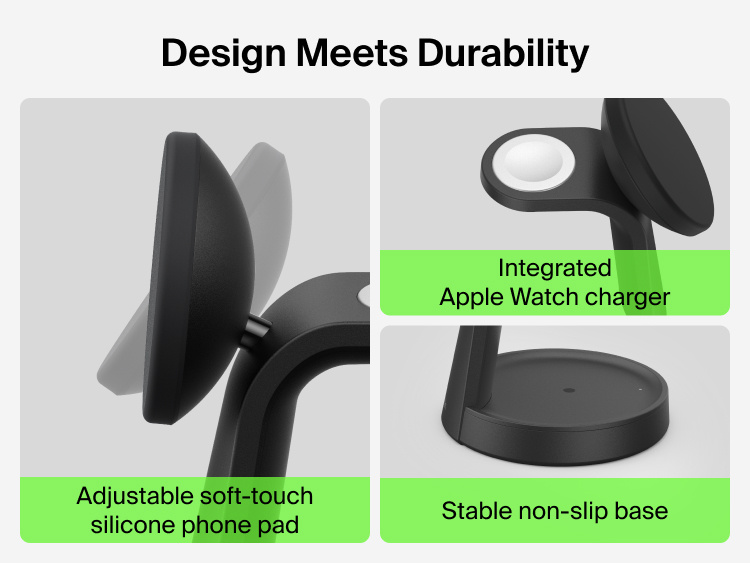 Belkin UltraCharge 3-in-1 Charging Stand with Qi2 25W features an adjustable soft-touch silicone phone pad, integrated Apple Watch charger, and stable non-slip base.