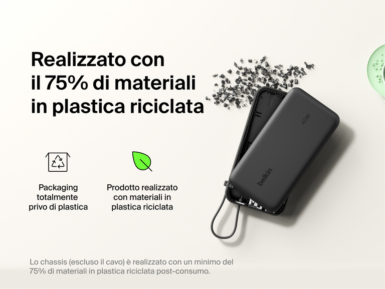 Belkin UltraCharge 10K power bank with integrated USB-C cable and digital display made with 75% recycled plastic and eco-friendly packaging