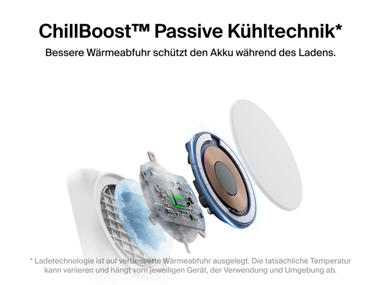 Die Belkin UltraCharge faltbare magnetische 2-in-1-Ladestation mit Qi2 25W zeichnet sich durch die passive Kühltechnik ChillBoost™ aus, die für eine verbesserte Wärmeabfuhr sorgt und den Akku während des Ladens schont.