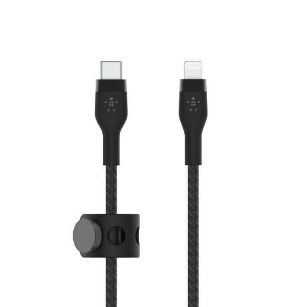 A black Belkin braided charging cable with a USB-C connector on one end and a Lightning connector on the other. The cable includes a magnetic cable management clip for organization.