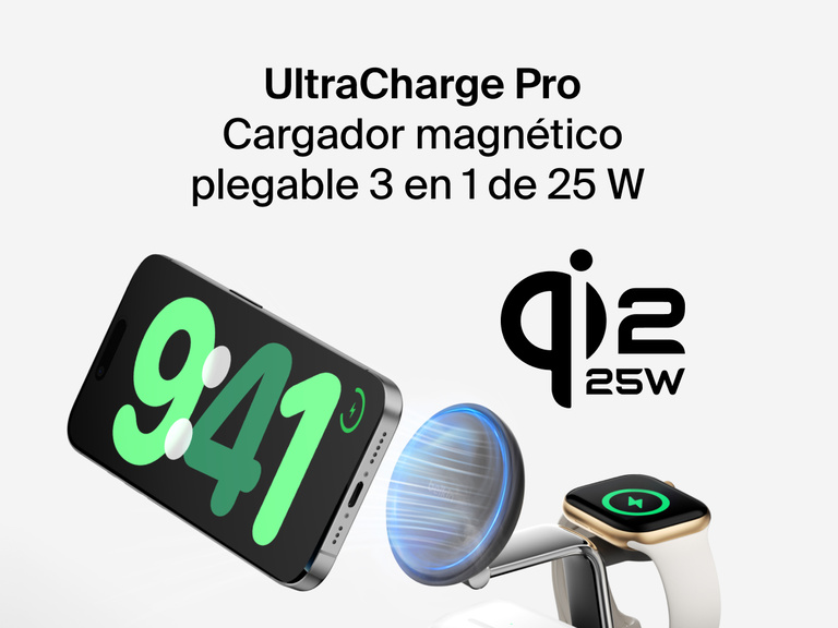 La estación magnética de carga 3 en 1 con Qi2 25W Belkin UltraCharge Pro carga de forma inalámbrica y simultánea un iPhone, un Apple Watch y unos AirPods. Además, es compatible con la función de carga rápida.